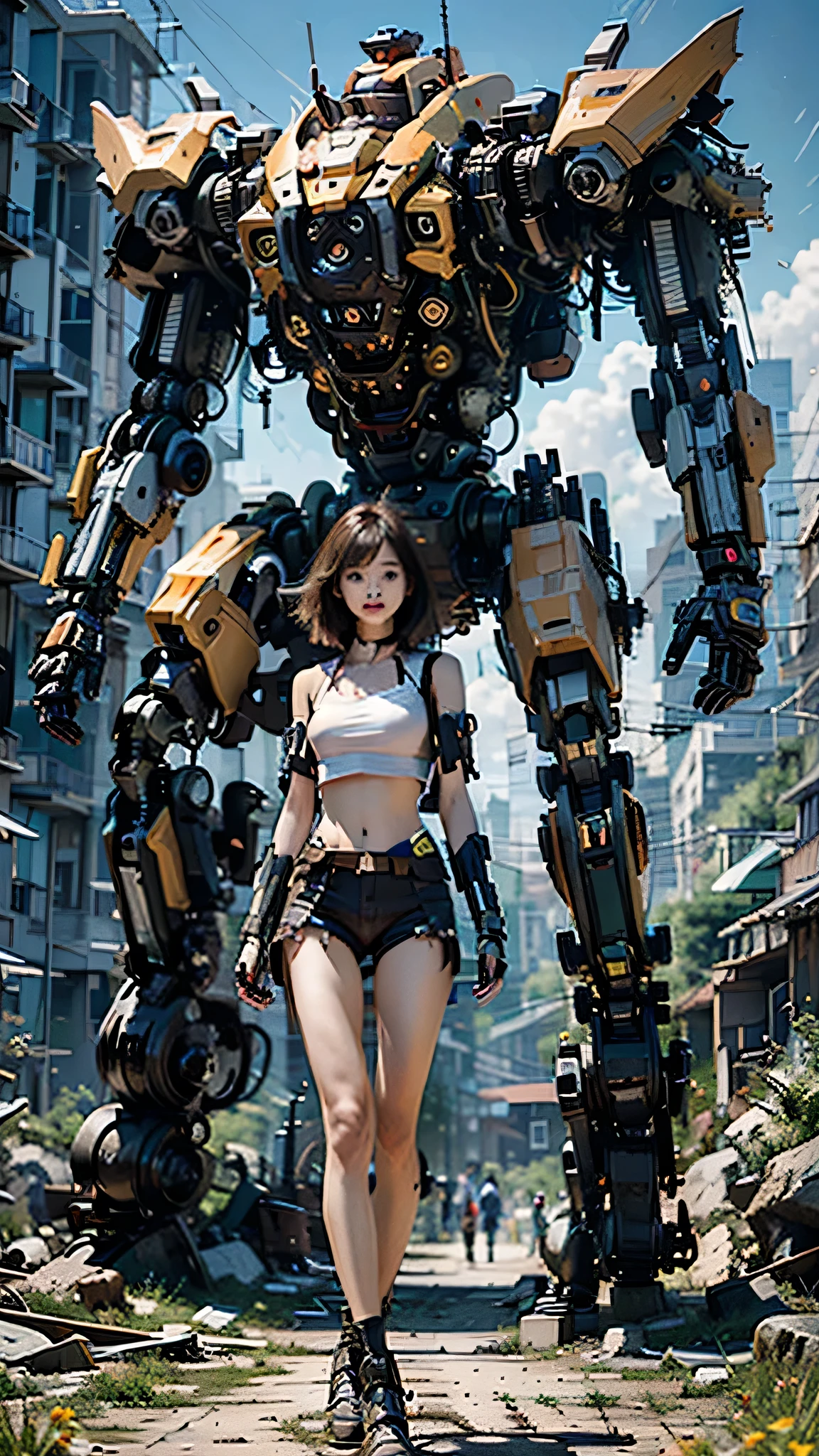 ((masterpiece, best quality)),illustration,ultra detailed 8k,photorealistic,sharp focus,highly detailed,professional lighting,colorful details,iridescent colors BREAK extreme long shot of a factory,large mechanical robot construction,microchip,computer,glowing,intricate details,shitu-mecha,1girl is standing in front of the audience,Navel