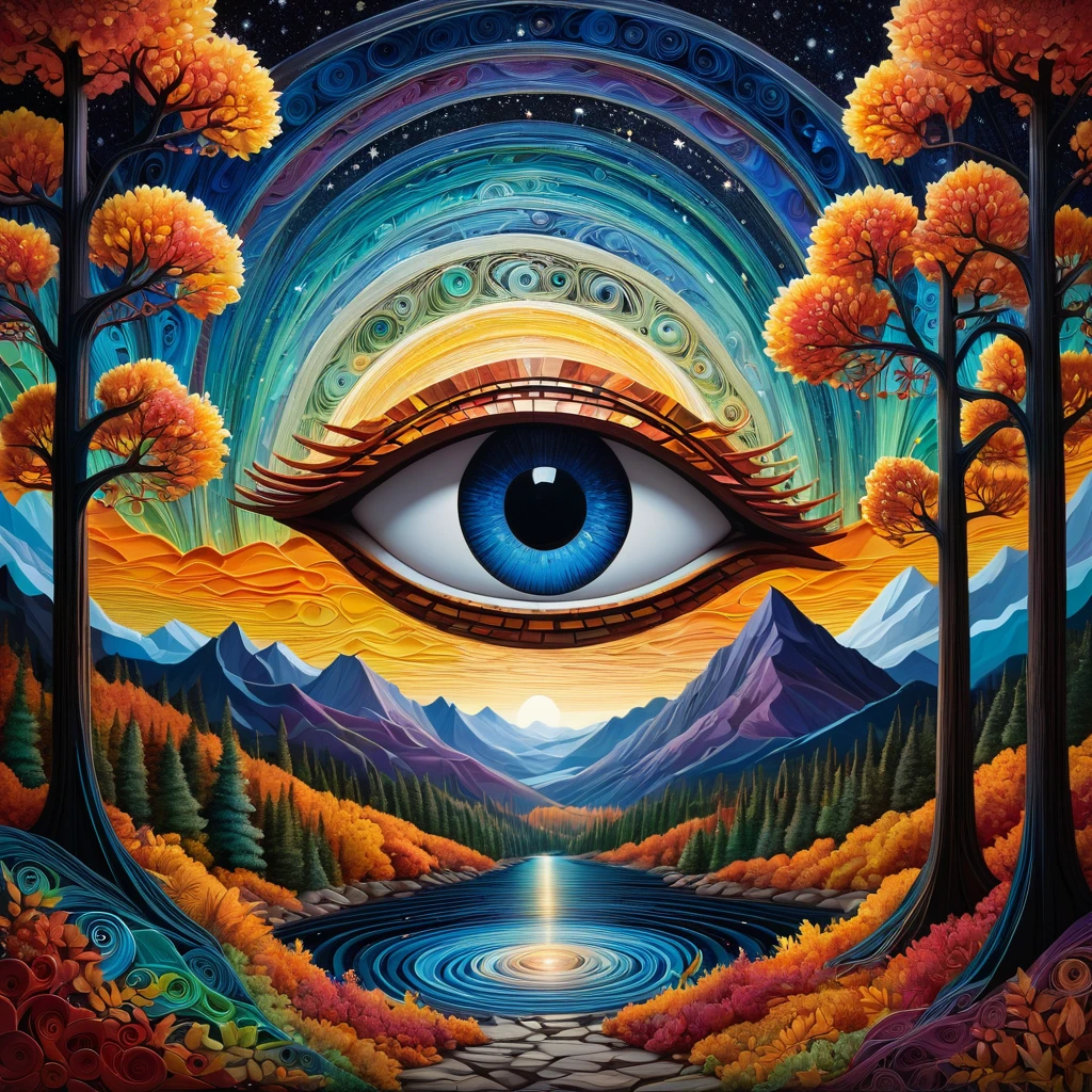 A monumental, super-detailed portrait depicting a gigantic, intricate eye embedded within mountain. The sky above swirls with psychedelic, hypnotic patterns and motifs. The entire scene has a metaphysical, otherworldly quality, blending painting techniques like quilling, mosaic, and fine linework into a cohesive, surreal composition. Inspired by the signature styles of artists Matt Rhodes and Andy Kehoe, the image features an autumn forest background under a starry night sky, with vivid, colorful lighting and a 3D rendered, Unreal Engine aesthetic.