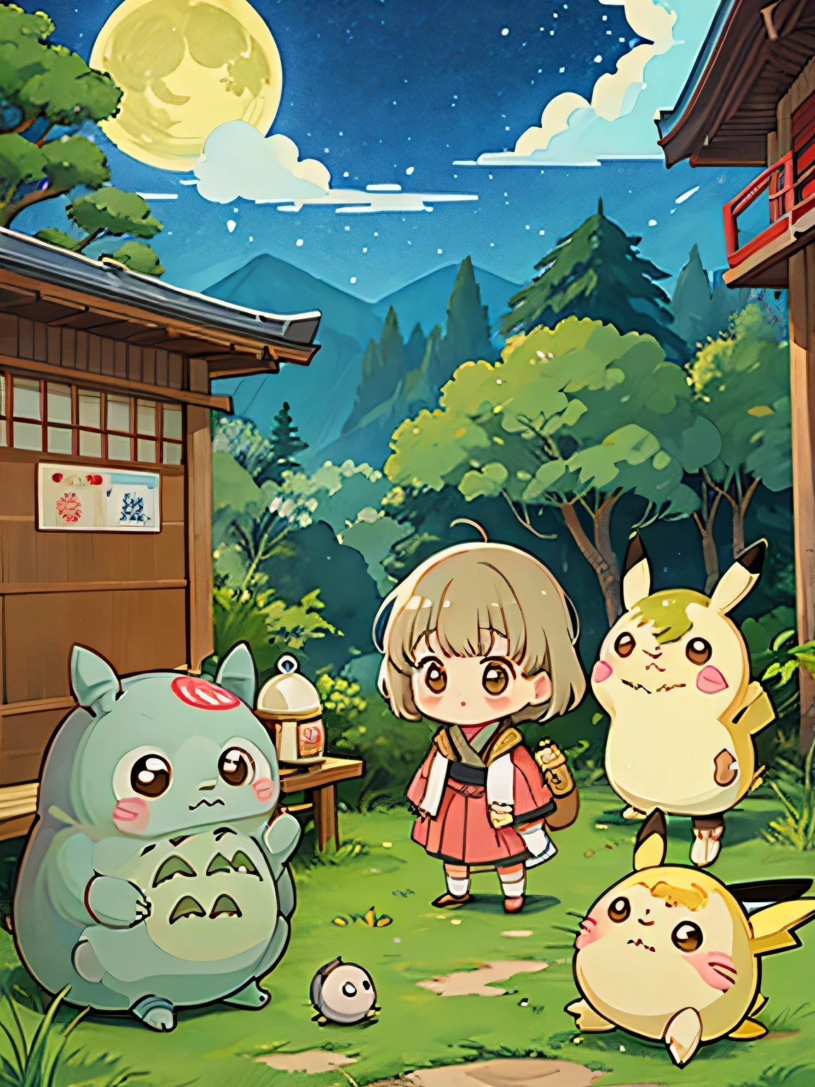 Hayao Miyazaki style、Kawaii Design, most beautiful girl ever、Chibi, (((expedition)))、(((Edo Period))), Prince Shotoku, Pikachu, (Totoro), Lunar Surface, Colorful and cute pillbugs,
