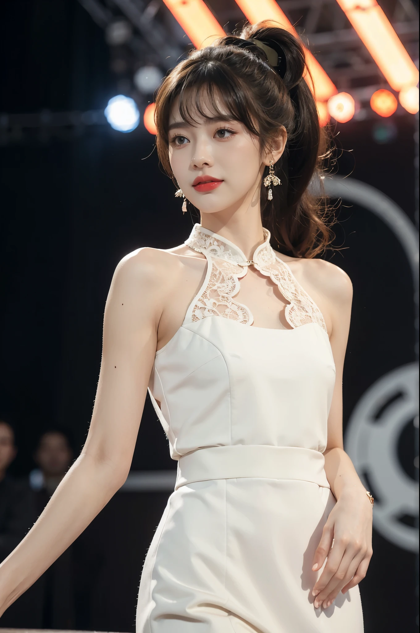 1girl,bangs,bare arms,collar,maxi white lace cheongsam,detailed background,detailed eyes,brown hair,earrings,upper body,jewelry,slim,flat chest,ponytail,looking at viewer,makeup,night scene,red lips,signature,laughing,solo,standing,On the T-stage,catwalk,fashion show,Surrounded by crowded crowds on both sides of the stage,neon lights