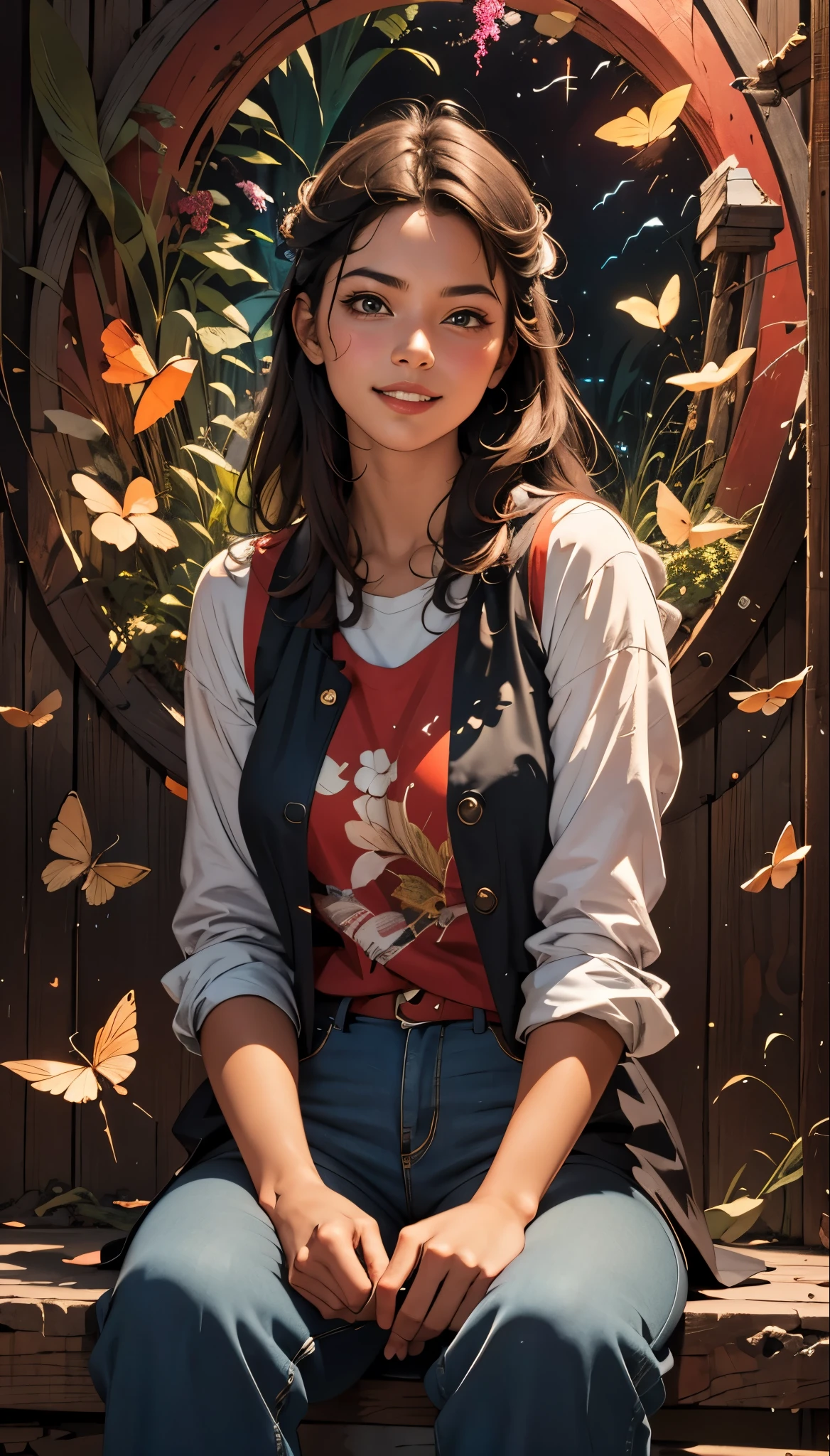 Three-dimensional oil painting on a rough canvas in the complex technique of a palette knife and wide smears patterns. digital painting Portrait of a lovely Girl with Translucent hands performing Magic Fireflies, Translucent little Fireflies fly out of her hands, simple smile, Girl sitting on the floor and looking at you, perfect beautiful face, dim lit red simple background, concept art in complex mixed media 16K