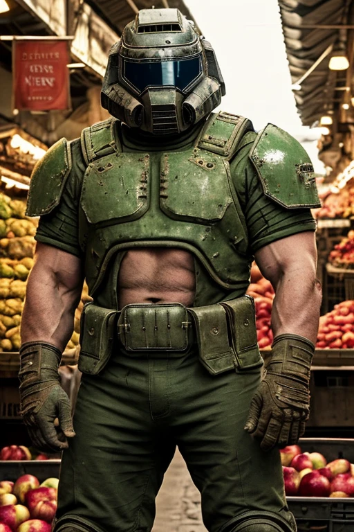 Photo of doomguy in a big market, looking at viewer, crate of apples, (detailed background:1.2), (raw, extremely intricate:1.2), (poor quality photo:0.7), muted colors, cinematic light, best shadow, looking at viewer, (blurry:1.2), full body, reflective metal, textured fabric, silver helmet, (belly:0.5)
