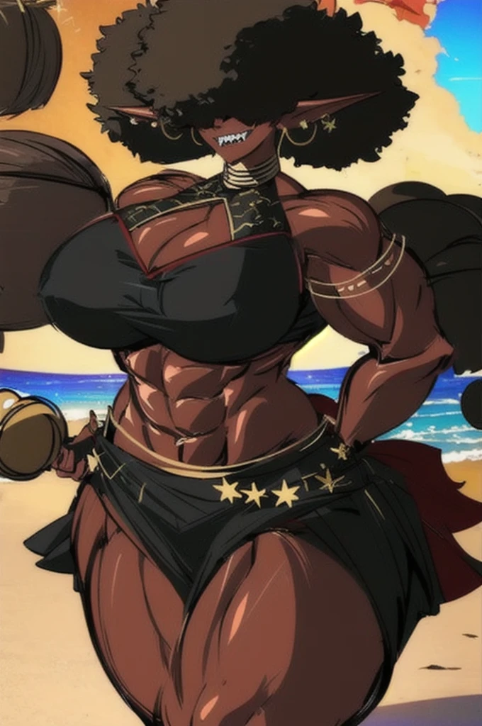 sharp teeth no eyes hair covering eyes(masterpiece, best quality:1.2),1 girl, voluptuous body, full body, masterpiece, dominant pose, good anatomy, no extra limbs, big ass, thick thighs, black hair, voluminous afro, pointy ears, gold earrings, black top with red details, black skirt with red details, gold necklaces