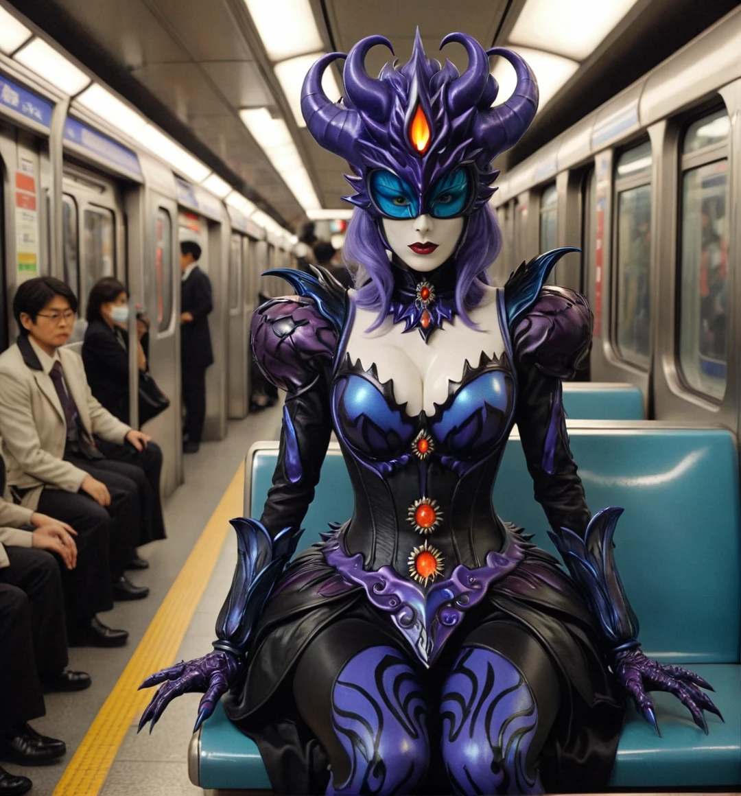 kaijinxl. full body, perfect anatomy. a tall countess, from the side, wearing a black shadows (violet dark flames:1.2) monster themed costume and mysterious glowing blue eyed mask with flames form headgear. emphasized-details, seated on Tokyo metro with shocked people look at her, gloomy, retro filter, VHS screencap,  