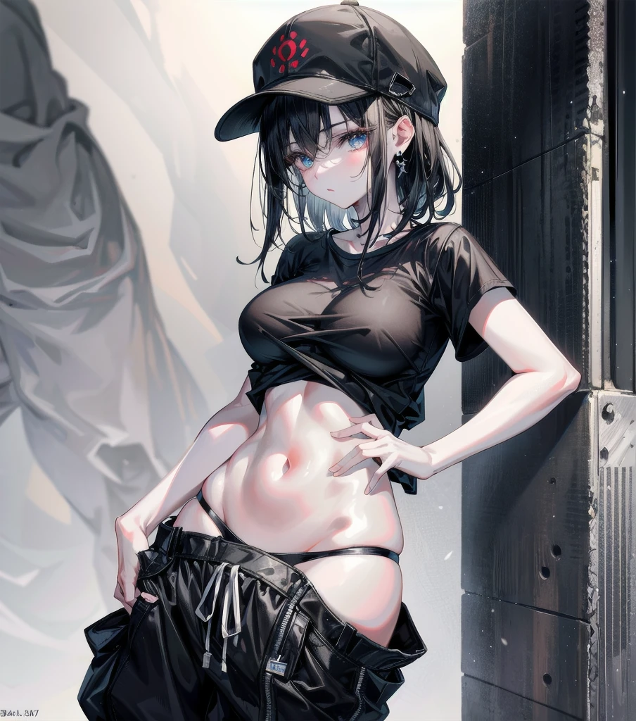 whole body, absurdres, RAW photo, extremely delicate and beautiful, masterpiece, Best Quality, ultra high resolution, 32k, hyperrealistic, ultra-detailed, perfect figure, perfect shape, detailed description, pale skin, 20 years old, detailed beautiful face and eyes, big tits, medium hair, black hair, tearful mole, earring, baseball cap, black T-shirt, cargo shorts,