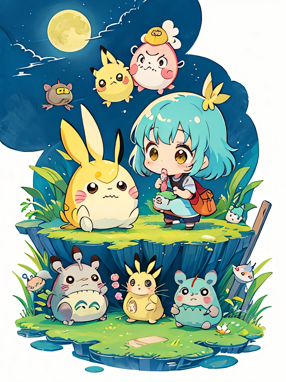 Hayao Miyazaki style、Kawaii Design, most beautiful girl ever、Chibi, (((expedition)))、(((Edo Period))), Prince Shotoku, Pikachu, (Totoro), Lunar Surface, Colorful and cute pillbugs,