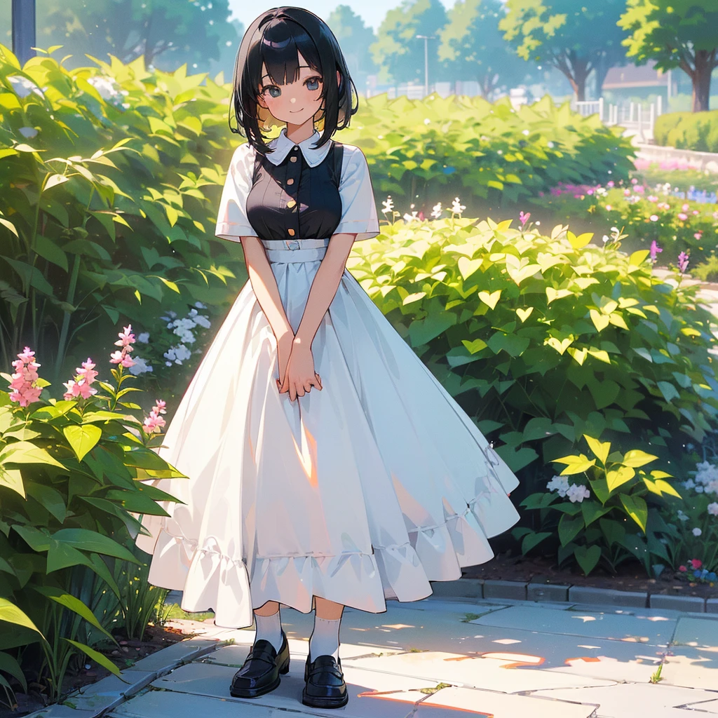 (high quality, High resolution, Very detailed, reality:1.37), Peaceful atmosphere, (Outdoor, garden),  girl standing alone, (my breasts are big.), Beautiful details, Cute Smile, (Black bob hair), White short-sleeved dress, White socks, loafers.