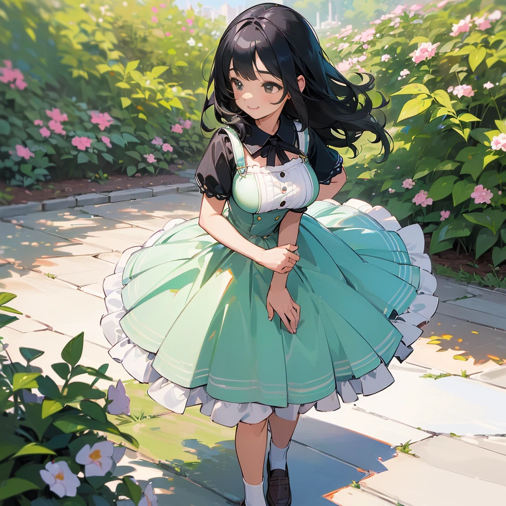 (high quality, High resolution, Very detailed, reality:1.37), Peaceful atmosphere, (Outdoor, garden), Teenage girl standing alone, (my breasts are big.), Beautiful details, Cute Smile, (Black bob hair), White short-sleeved dress, White socks, loafers.