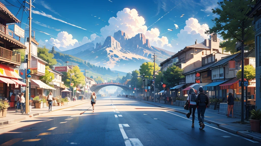 A couple of people walking down a street next to a mountain ,ancient city next to a mountain