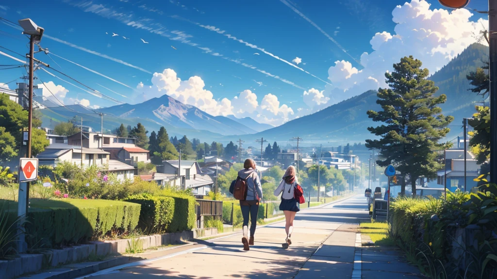 A couple of people walking down a street next to a mountain ,ancient city next to a mountain