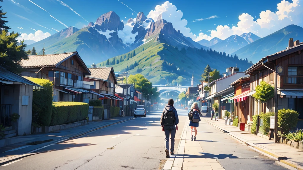 A couple of people walking down a street next to a mountain ,ancient city next to a mountain