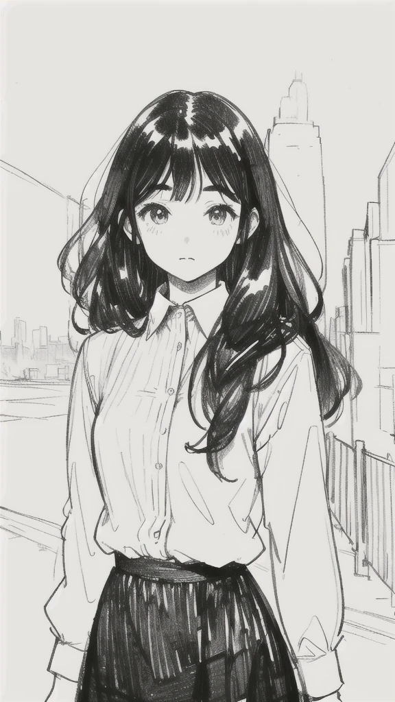 One Girl,Line art,Monochrome,sketch,Pencil drawing,Traditional Media,One Girl, 黒いskirtフェンス, Long Hair Shirt, Long sleeve, skirt, alone、Are standing、Cute age Girls, ,Beautiful portrait、Delicate body、Ezvian everywhere、Black Hair、Black Hair,landscape