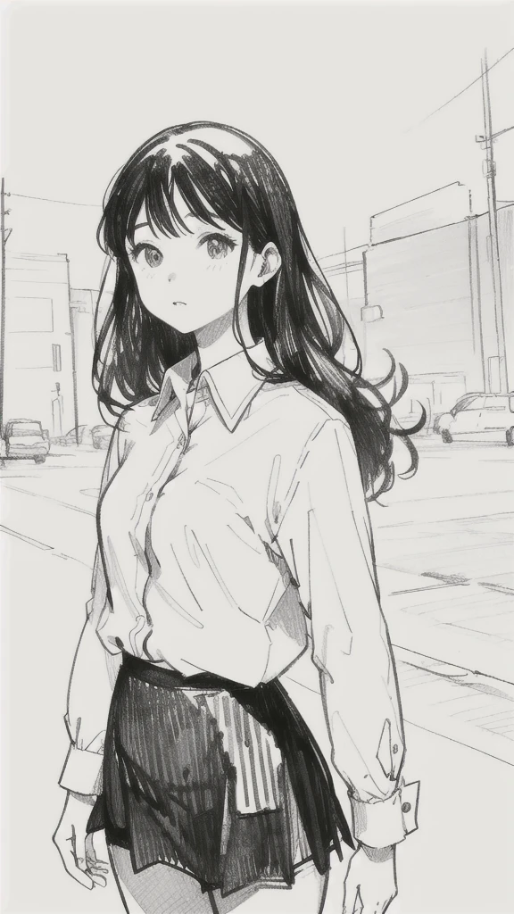 One Girl,Line art,Monochrome,sketch,Pencil drawing,Traditional Media,One Girl, 黒いskirtフェンス, Long Hair Shirt, Long sleeve, skirt, alone、Are standing、Cute Teenage Girls, ,Beautiful portrait、Delicate body、Ezvian everywhere、Black Hair、Black Hair,landscape