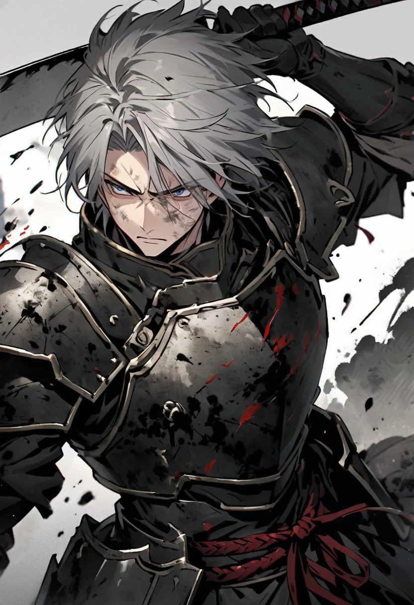 Man with long grey hair 28 years old Holding a Japanese sword Damaged armor Expose Ink painting art