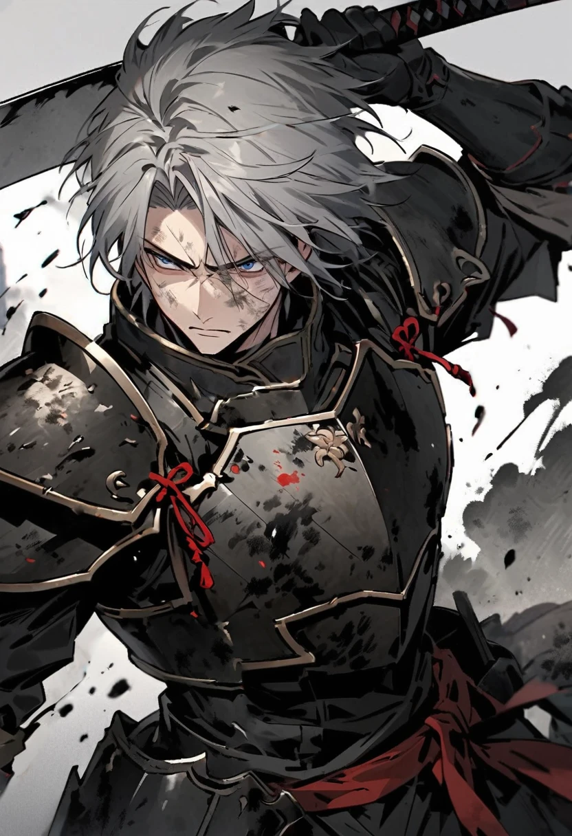 Man with long grey hair 28 years old Holding a Japanese sword Damaged armor Expose Ink painting art