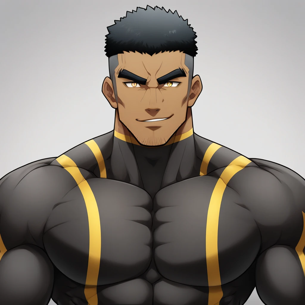 negro, negro, negro, anime characters：Gyee, Muscle Sports Student, negro black skin, Very Black, 1 muscular tough guy, Manliness, male focus, Dark grey and Yellow long sleeve tights, Regular symmetrical pattern, Very tight, The pectoral muscles are oversized, Slightly transparent, muscular male, muscular, only, Upper body, alone, Black short hair, Thick eyebrows, stubble, Yellow eyes, White background, simple background, amazing quality, best aesthetics, Ridiculous, bright pupils, crew cut, parted lips, seductive smile, torogao, naughty face, best quality