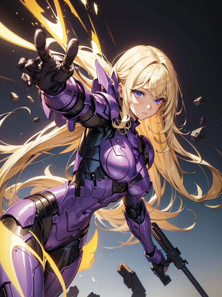 thick outlines, comics, photorealistic, perfect hands, masterpiece:1.2, 1girl, solo, magic, blonde hair, medium breast, detailed background, detailed face, detailed eyes, odd-eyes, body armor, purple armor, 2 guns, shooting pose