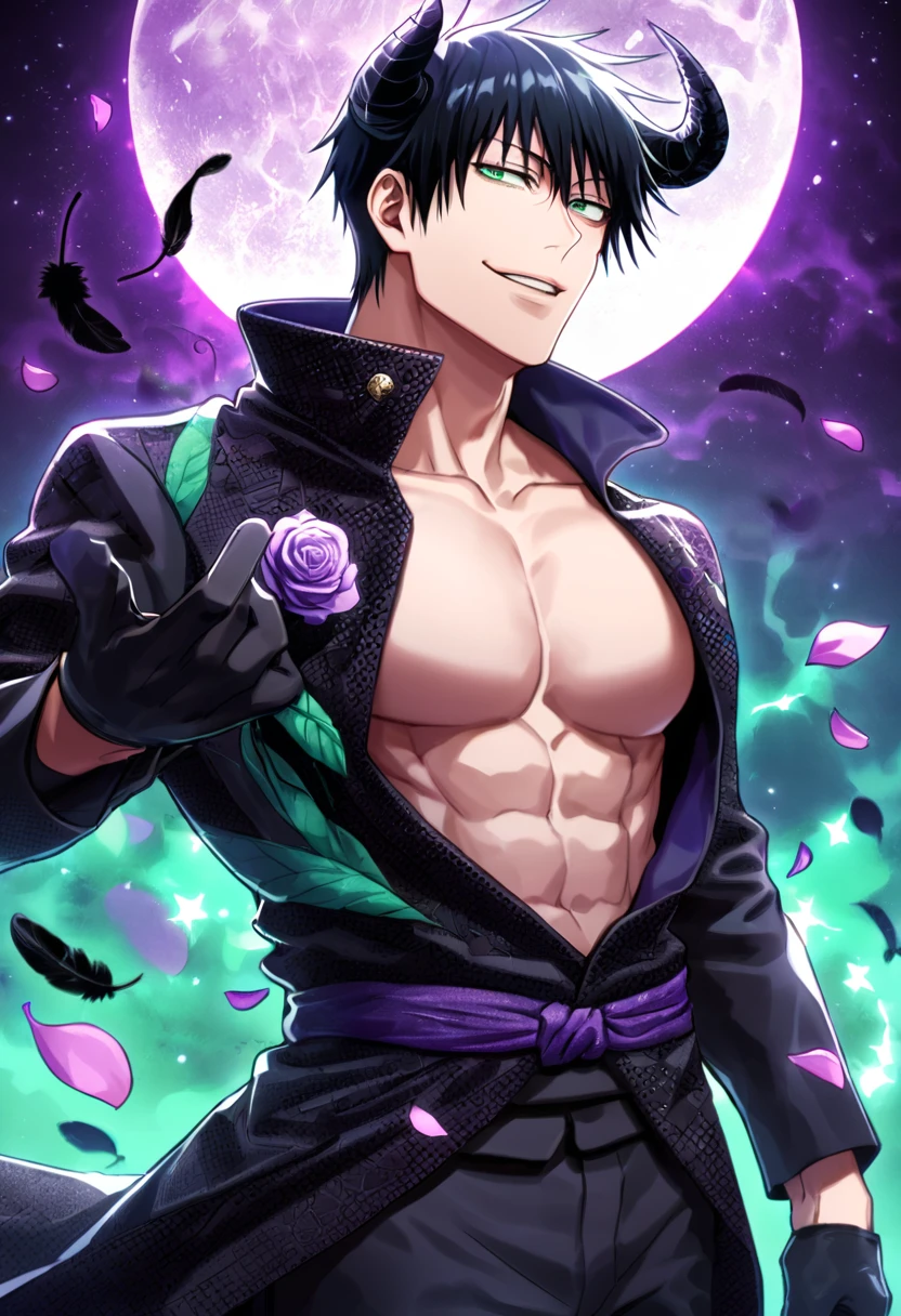 Ultra detailed, Highres, absurdres, HDR, Fushiguro Touji, black hair, expressive green eyes, black coat with patterns, Jujutsu Kaisen, fantasy, petals, handsome, sexy man, solo, very detailed eyes and face, master piece, black gloves, purple background, purple moon, bare chest, black demon horns, magical, purple roses, black feathers, smirking, shining, starry sky, black pants