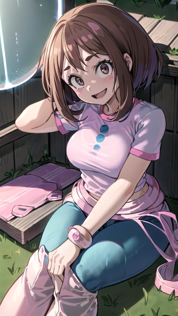 [ochako uraraka], [Boku no hero academia], ((masterpiece)), ((HD)), ((high quality)), ((solo portrait)), ((front view)), ((full body)), ((anime)), ((Kohei Horikoshi)), ((detailed shading)), ((cel shading)), ((intricate details)), ((cinematic lighting)), {ochako, (rosy cheeks), (cute round brown eyes), short brown hair, short eyelashes, large , (gorgeous hips), (beautiful legs), (excited smile), white teeth)}, {(pink tee shirt), (blue spandex yoga pants), (pink heels)}, {(sitting on picnic blanket), (looking at viewer)}, [Background; (grass), (blue sky), (sun rays)]