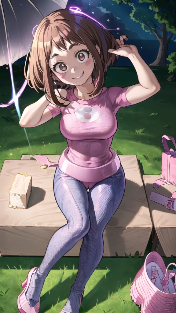 [ochako uraraka], [Boku no hero academia], ((masterpiece)), ((HD)), ((high quality)), ((solo portrait)), ((front view)), ((full body)), ((anime)), ((Kohei Horikoshi)), ((detailed shading)), ((cel shading)), ((intricate details)), ((cinematic lighting)), {ochako, (rosy cheeks), (cute round brown eyes), short brown hair, short eyelashes, large , (gorgeous hips), (beautiful legs), (excited smile), white teeth)}, {(pink tee shirt), (blue spandex yoga pants), (pink heels)}, {(sitting on picnic blanket), (looking at viewer)}, [Background; (grass), (blue sky), (sun rays)]