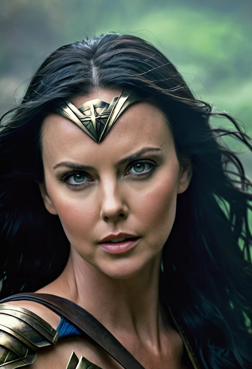 (((extreme close-up Charlize Theron under the mantle of the Amazon warrior Wonder Woman long black hair cinematic surreal image HD))),(((imagenes color Splash)))