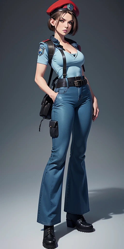 Jill Valentine, masterpiece, best quality, 1girl, solo, standing, jillre1, beret, uniform, shoulder pads, short sleeves, harness, belt, bell-bottom blue pants(Wide flares on pants:1.2), cleavage, black combat boots, full body, perfect blue eyes, perfect red mouth,