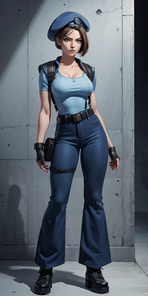 Jill Valentine, masterpiece, best quality, 1girl, solo, standing, jillre1, beret, uniform, shoulder pads, short sleeves, harness, belt, bell-bottom blue pants(Wide flares on pants:1.2), cleavage, black combat boots, full body, perfect blue eyes, perfect red mouth,