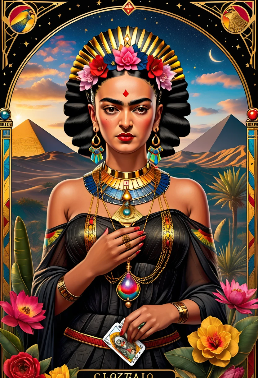 Frida Kahlo as a Tarot Card: score_9, score_8_up, score_7_up, score_6_up, score_5_up,  [ ACOCleopatra],[Black Hair],Cleopatra from Assassin's Creed Origins,[Jewelry],[ancient Egypt],4k,sharp image,detailed, sexy, extremely detailed artgerm,  (masterpiece, best quality:1.2),  (insanely detailed, beautiful detailed, masterpiece, best quality), (insanely detailed, masterpiece, best quality)  of tarot cards, a touch of Frida's signature artistic flair. (best quality, highres, vivid colors, photorealistic, artistic interpretation, detailed portrait), surreal tarot card, Frida Kahlo as a goddess in the tarot deck.