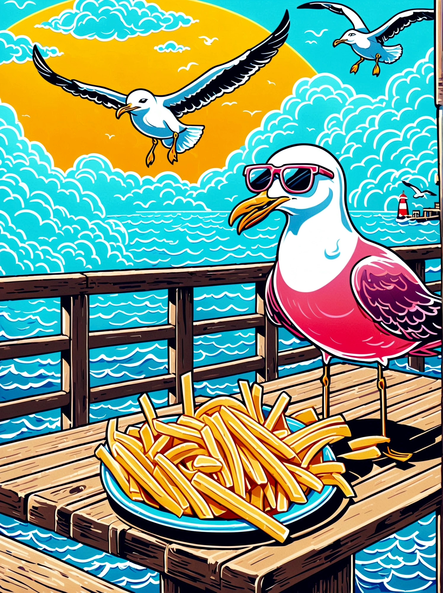 Neon，illustration，A seagull stealing French fries，on wooden pier，ocean，Another cool seagull wearing sunglasses，Clouds，sunny，发光的Neon招牌，Ultra high saturation，Bright colors