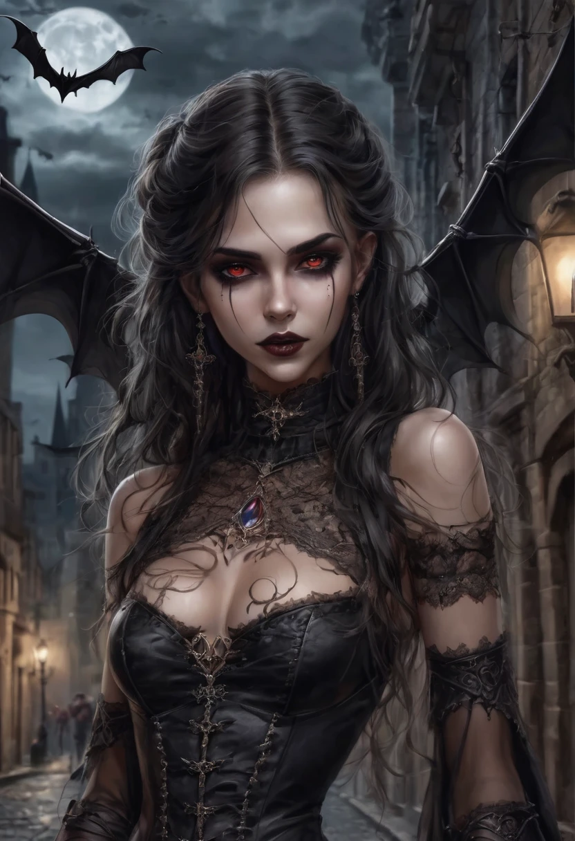 Arafed, dark Fancy art, gothic art, (Obra maestra:1.5), Mejores detalles de cuerpo completo, muy detallado, mejor calidad, high resolution, Retrato de cuerpo entero de un vampiro, duende (1.6, Obra maestra, mejor calidad), ultrafemenina (1.4 detalles intrincados, Obra maestra, mejor calidad) with long, curvy hair, cabello de color oscuro, ojos rojos (1.3 Fancy art, Obra maestra, mejor calidad), ((hermoso rostro delicado)), cara ultra detallada (1.4 detalles intrincados, Fancy art, Obra maestra, mejor calidad), [Sharp vampiric fangs visible] (1.6 detalles intrincados, Fancy art, Obra maestra, mejor calidad), [anatomically correct] capa roja, capa que fluye (1.4 detalles intrincados, Fancy art, Obra maestra, mejor calidad), usando un cuero intrincado [blanco] vestido (1.4 detalles intrincados, gothic art, Obra maestra, mejor calidad), high heel boots, sangre goteando en los labios, fondo urbano (detalles intensos, detalles del ritmo), Fancy, a la luz de la noche, natural ,luz de la luna, soft luz de la luna, rayos de luna, Nubes, gothic atmosphere, Gothic street background, Bats flying in the background, Luz tenue, dynamic light, [[anatomically correct]], Detalles altos, mejor calidad, 8k, [Ultra detallado], Obra maestra, mejor calidad, (extremadamente detallado), dynamic angle, tiro ultra amplio, CRUDO, Fotorrealista, usando el liguero, model715
