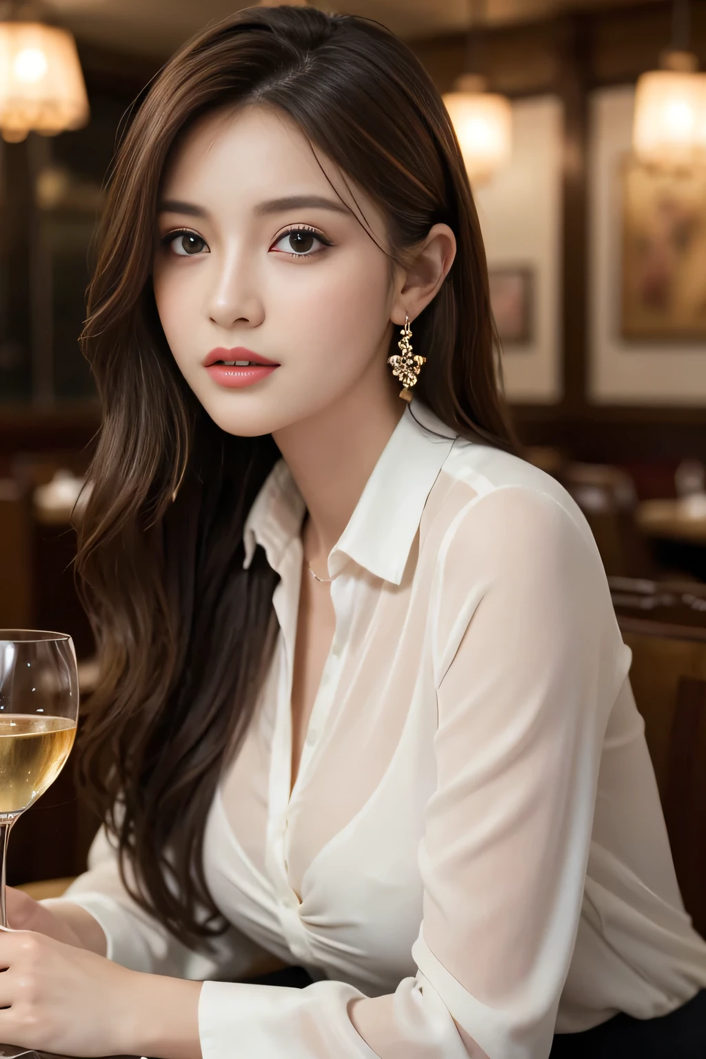 masterpiece, Highest quality, Realistic, Very detailed, Finer details, High resolution, 8k wallpaper, One beautiful woman, Wear an elegant see-through shirt, In a great restaurant, At night, Light brown messy hair, Perfect dynamic composition, Beautiful and beautiful eyes、Big earrings