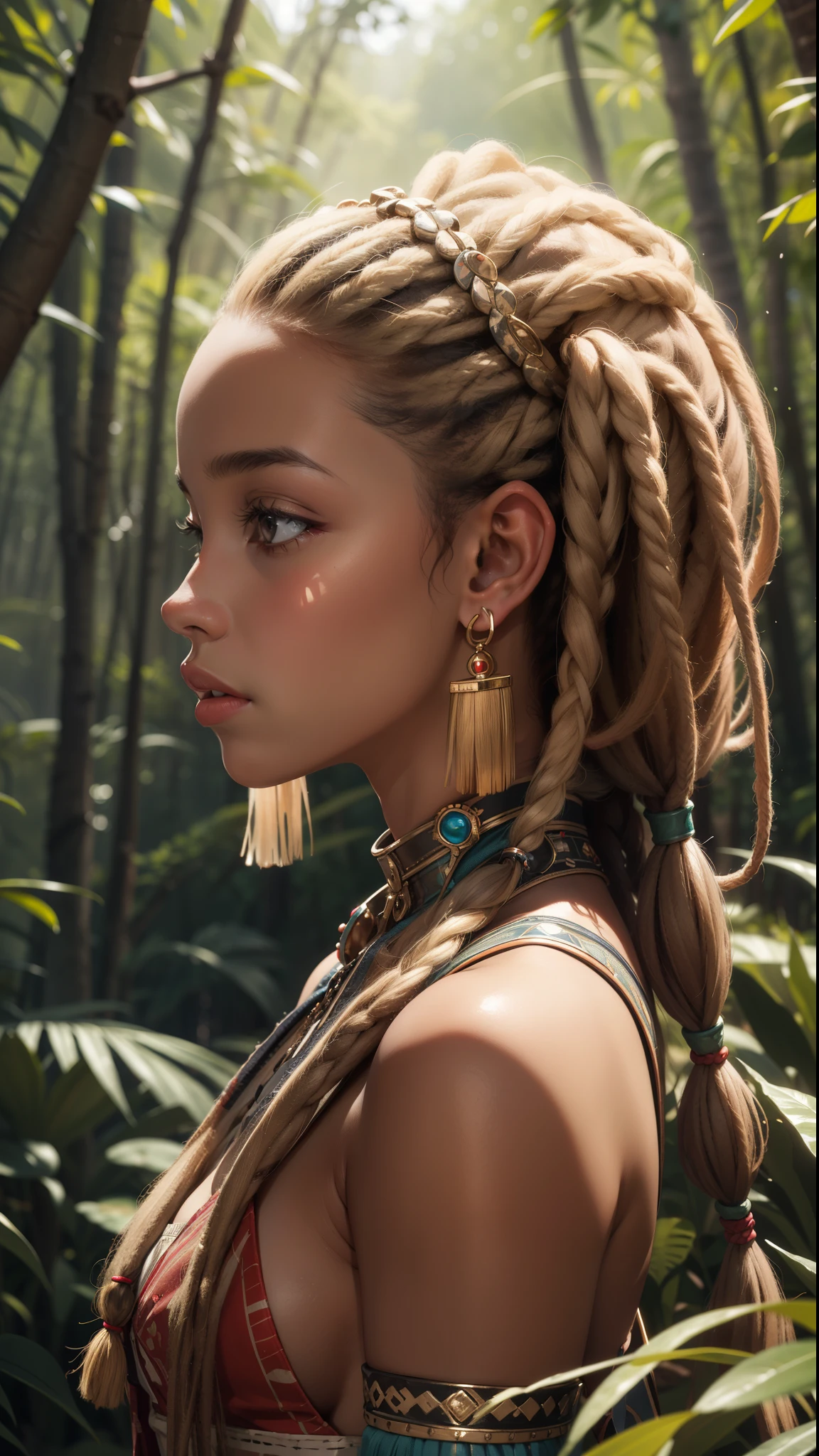 A young woman  with blonde dreadlocks、Futuristic Himba Girl、Highly realistic digital art、Amazing African Princess、profile、Himba tribe hairstyle、African facial features、Upper Body、in the forest、