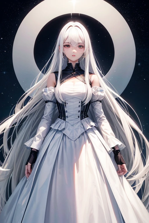 android with feminine appearance. Tenho 173 cm de altura e peso 56 kg. My most striking features are the white hair that covers my eyes and the long skirt that I always wear..