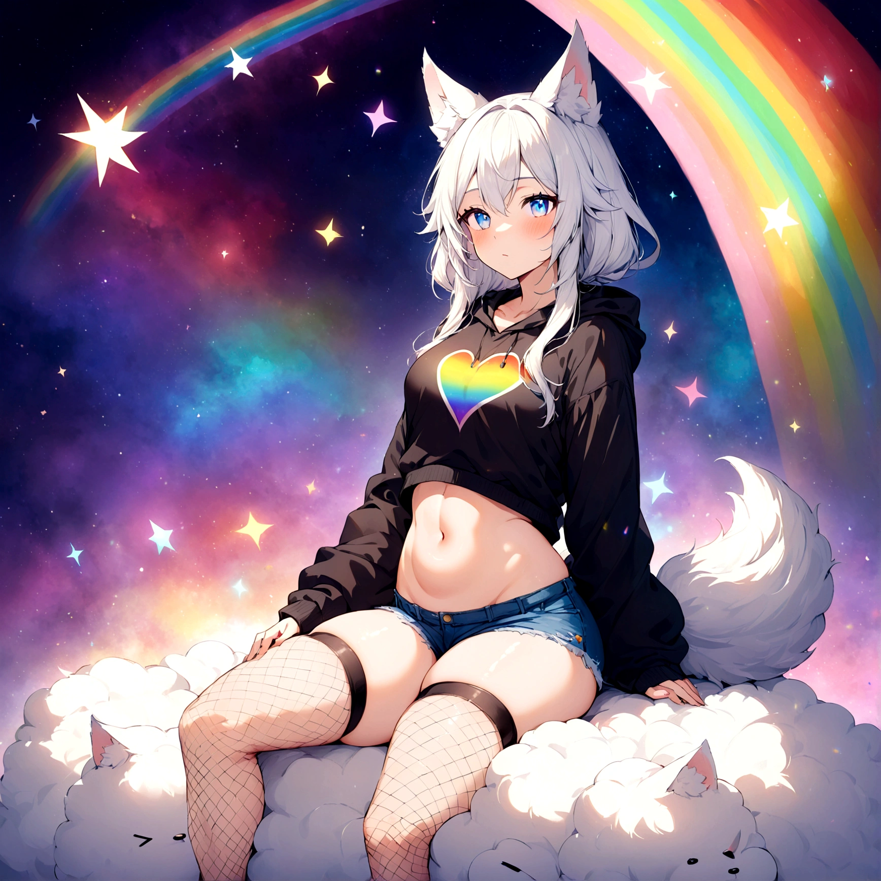 a cute adult male with wolf ears, long white hair, long locks, has a wolf tail, wearing a loose cropped black hoodie, wearing a pair of denim short shorts and fishnet stockings, thick thighs, wide hips, relaxing on mound of fluffy multi colored kawaii plushies, short, very slim, showing slender tummy, heart on hoodie, squishy thighs, has glowing blue eyes. alone, solo (ALONE)(SOLO), surrounded by rainbows, colorful galaxy backround
