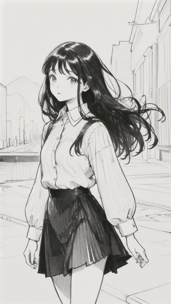 One Girl,Line art,Monochrome,sketch,Pencil drawing,Traditional Media,One Girl, 黒いskirtフェンス, Long Hair Shirt, Long sleeve, skirt, alone、Are standing、Cute Teenage Girl, ,Beautiful portrait、Delicate body、Esbian all over、Black Hair、Black Hair,landscape