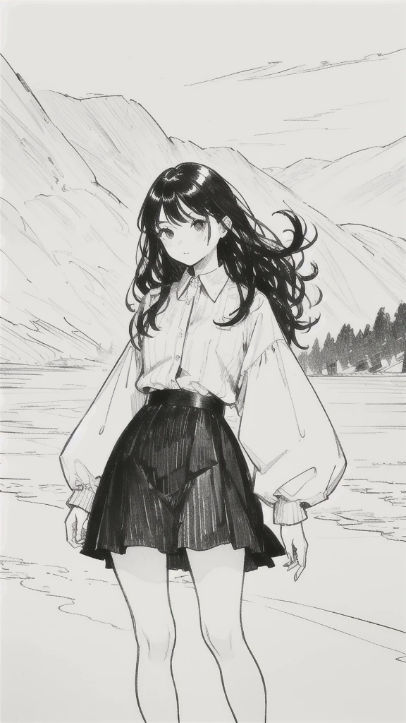 One Girl,Line art,Monochrome,sketch,Pencil drawing,Traditional Media,One Girl, 黒いskirtフェンス, Long Hair Shirt, Long sleeve, skirt, alone、Are standing、Cute Teenage Girl, ,Beautiful portrait、Delicate body、Esbian all over、Black Hair、Black Hair,landscape