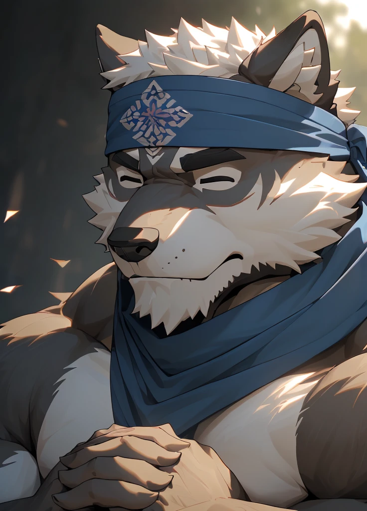 (masterpiece)，(Very detailed)，(best quality)，hairy，Wolf，Dark black fur，white hair，Black eyebrows，Gray pupil，Muscular，(Japan samurai attire)，((blue scarf))，((Brown headband))，((Hands together:1.3))，((Close your eyes))，(Pious)，((Ultra HD close-up:1.4))，8K，(high quality)，(Ultra high quality)，(Super detailed)，(Best Works)