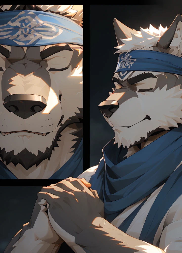 (masterpiece),(Very detailed),(best quality),hairy,Wolf,Dark black fur,white hair,Black eyebrows,Gray pupil,Muscular,(Japan samurai attire),((blue scarf)),((Brown headband)),((Hands together:1.3)),((Close your eyes)),(Pious),((Ultra HD close-up:1.4)),8K,(high quality),(Ultra high quality),(Super detailed),(Best Works)