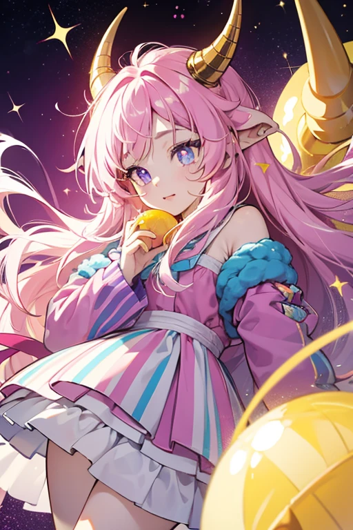 she has a fluffy body covered in pink and blue horizontal stripes. she have small floppy ears and a horn ending in a yellow ball. she have a pale colored face with two locks of hair on it and eyes with purple pupils. she float a short distance off the ground and have a yellow ring around her body. SPARKLE; GLITTER