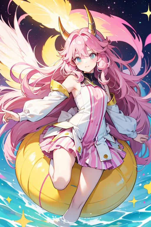 she has a fluffy body covered in pink and blue horizontal stripes. she have small floppy ears and a horn ending in a yellow ball. she have a pale colored face with two locks of hair on it and eyes with purple pupils. she float a short distance off the ground and have a yellow ring around her body. SPARKLE; GLITTER
