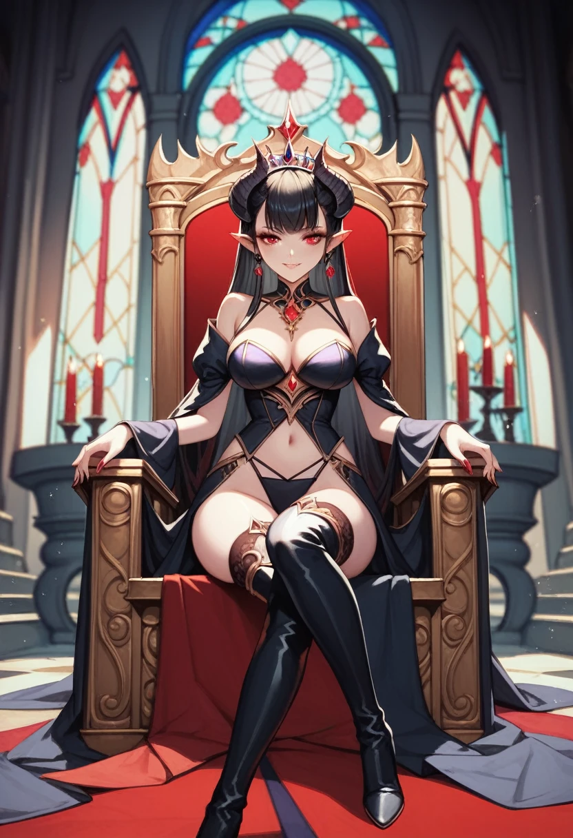  2D anime picture, (anime style 1), girl, , sadistic, demoness princess, small demoness horns, beautiful long black hairstyle, in luxury princess demon clothes, thigh high boots, sit on throne in castle , fantasy, Middle Ages, night 