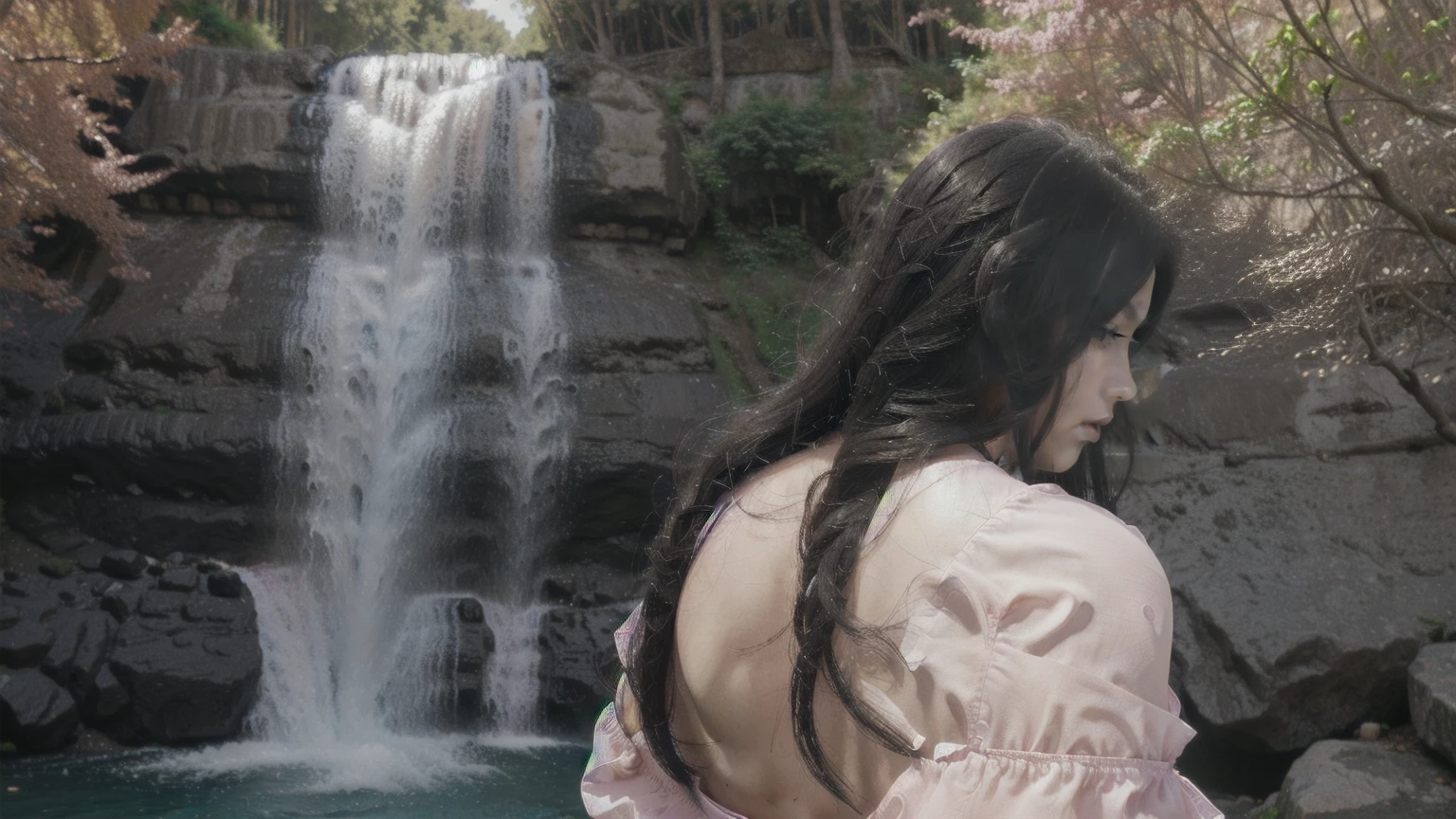 My big gorgeous 2 wife's POV from behind the shoulder in transparent pink loose blouse,clean skin,long black hair flowen hairstyle,pink lips(waterfall scenary)