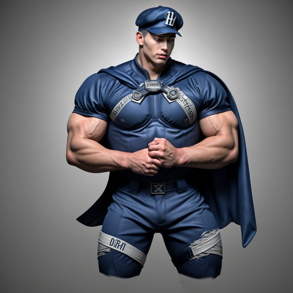 A full-body 3D male realistic model, wearing a full-body hero suit and cape in the pattern of a professional baseball uniform, a very short-haired, crew-cut, cool, dandy-looking, veteran-aged man with a shiny, sparkling blue cape that is longer than his body, gloves and a cap are always worn, an original hero, only the eyebrows, eyelashes and eyes are visible, his mouth is bandaged and sealed, the upper half of his face is bare with a sharp look in his eyes, he has six-pack abs, a muscular, macho, sturdy body and is cool, with both legs closed and both hands clasped behind his back in an X shape, his whole body tied up and sealed with duct tape and held. Tired, he has collapsed and is sleeping with his eyes closed. A coat of arms, in a dark room background, his whole body facing forward, backward, left and right (north, south, east and west), an image of him being mummified and restrained