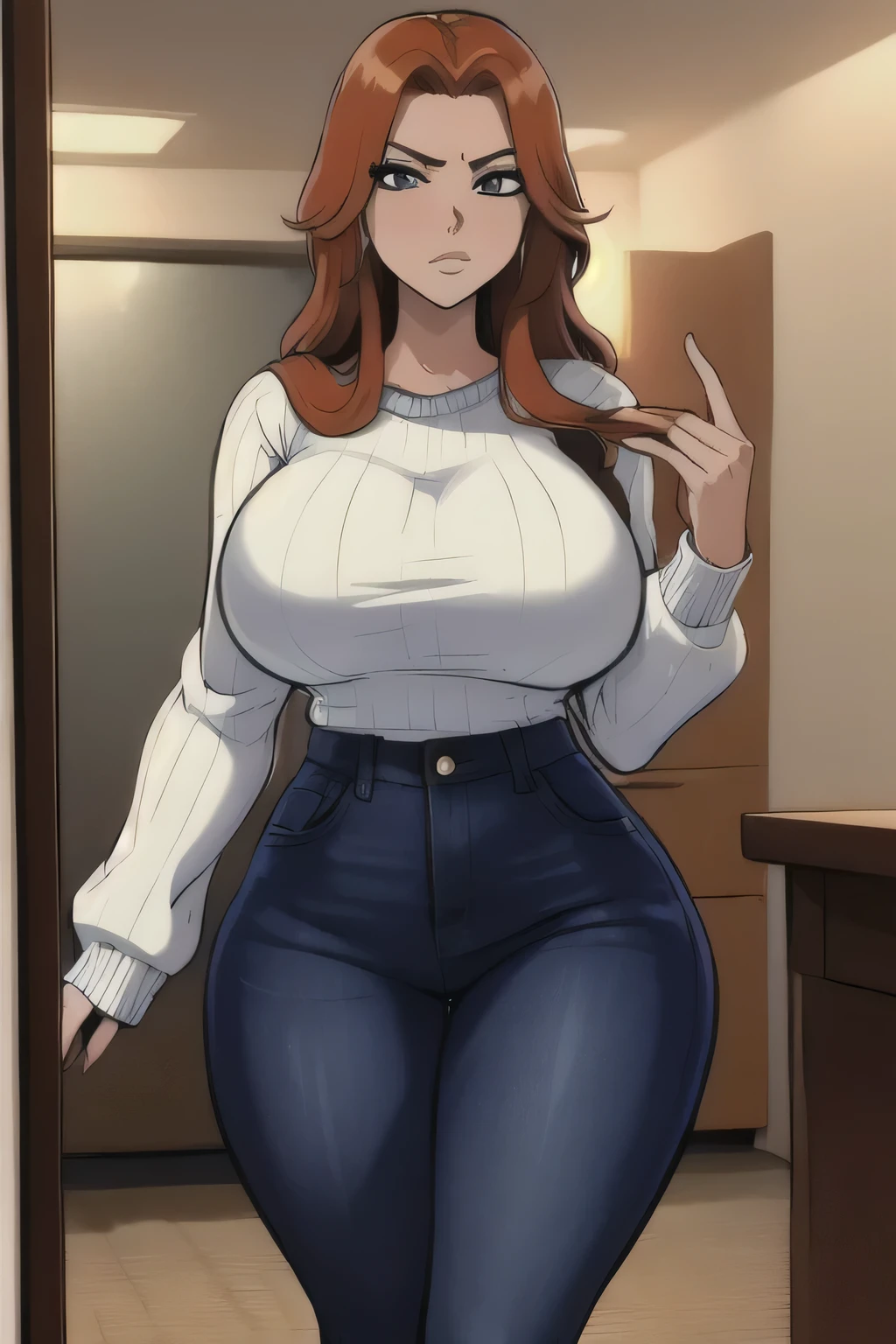 masterpiece, best quality, matsumoto rangiku, long hair, white sweater, cable-knit sweater, jeans, wide hips, looking at viewer, huge breasts, indoors, mirror