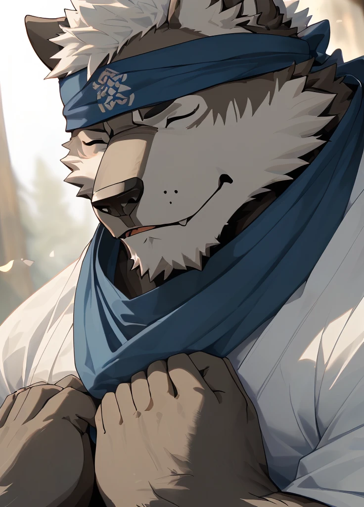 (masterpiece),(Very detailed),(best quality),hairy,Wolf,Dark black fur,white hair,Black eyebrows,Gray pupil,Muscular,(Japan samurai attire),((blue scarf)),((Brown headband)),((Hands together:1.3)),((Close your eyes)),(Pious),((Ultra HD close-up:1.4)),8K,(high quality),(Ultra high quality),(Super detailed),(Best Works)