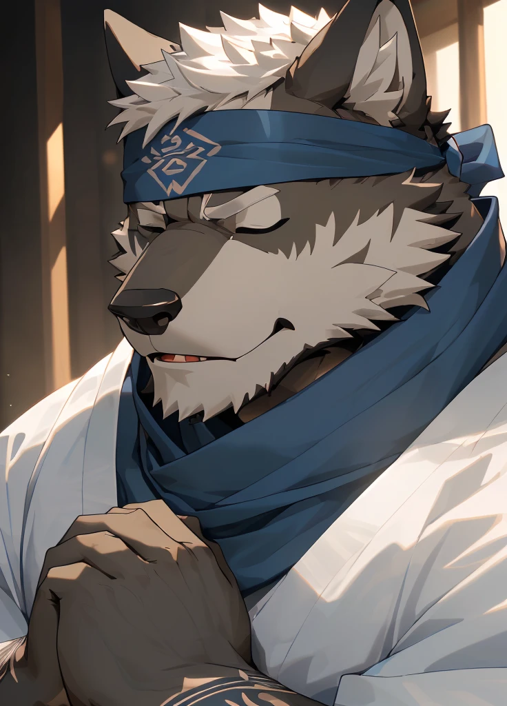 (masterpiece),(Very detailed),(best quality),hairy,Wolf,Dark black fur,white hair,Black eyebrows,Gray pupil,Muscular,(Japan samurai attire),((blue scarf)),((Brown headband)),((Hands together:1.3)),((Close your eyes)),(Pious),((Ultra HD close-up:1.4)),8K,(high quality),(Ultra high quality),(Super detailed),(Best Works)