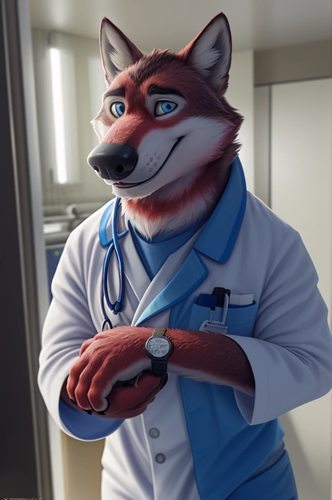 Ivan Fedorovich Wolfbach (Novosibirsk) ,tall handsome, wolf,young, 24 years, brown fur,Kind,(red body:1.3),beautiful blue eyes,Novosibirsk,dressed, white medina robe, stethoscope,Dr,shirt,black tie,trousers,canine, wolf, detailed fur, male, antro, paw pads, finger claws,at viewer, 5 fingers, paws, 5 fingers, smile, wrist watch, т nextel,by xenoforge, (difficult, high detail, digital photography, soft focus, RAW species палаты ,very close to the camera, species,Novosibirsk, smile, a good mood, positive, very close to the camera,intensive care unit, newborns, stethoscope, in the neck, 
Photorealism, realistic, photorealistic, digital style, Subsurface scattering,Looking at the viewer,hugs the she-wolf, 
masterpiece, Best quality, ultra realistic, 8 k)