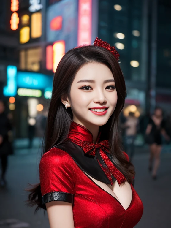 1 beautiful ultra hot woman ,In the urban theme:1.6), surreal female look style, Dynamic lighting, extra detailed face, 8k ultra, (red phoenix dress: 1.4), Long hair, Black hair, Bust, luxurious palace, Royal style, devil crown, red eyes make up very sharp and detailed, The most beautiful face, The breasts are big and round and round, Super realistic, chinese Cyberpunk women's clothes, sexy smirking smile, The eyes are very well made up, guweiz, devil style, wearing black mesh socks, Ponytail with a bow tied at the back of the hair, Pink lips, Detailed pixels