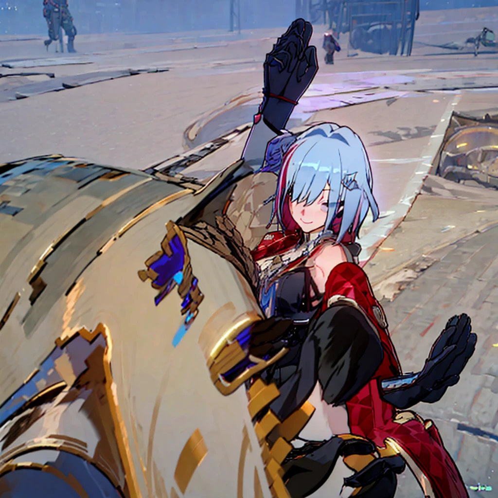 A blue-haired girl has a sad expression and is smiling. Her clothes are cyberpunk. She is looking at herself. She is giving medicine. She is giving beautiful medicine.