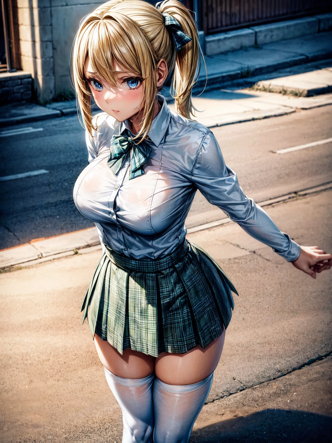 1girl,masterpiece,best quality,blonde hair,(dual short ponytails),blue eyes,(white stockings),(green plaid skirt),standing,in full length,medium breasts,white t shirt,in front of streets,extremely detailed,[[realistic]],beautiful alluring anime ,seductive anime girl,slim body